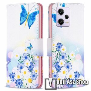 Notesz / mappa tok - PILLANGÓ / VIRÁG MINTÁS - oldalra nyíló, rejtett mágneses záródás, bankkártyatartó zsebek, asztali tartó funkció, szilikon belső - Xiaomi Poco X5 Pro / Redmi Note 12 Pro Speed / Redmi Note 12 Pro 5G kép