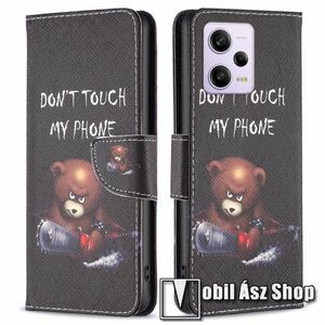 Notesz / mappa tok - LÁNCFŰRÉSZES MACI MINTÁS - oldalra nyíló, rejtett mágneses záródás, bankkártyatartó zsebek, asztali tartó funkció, szilikon belső - Xiaomi Poco X5 Pro / Redmi Note 12 Pro Speed / Redmi Note 12 Pro 5G kép