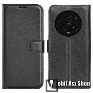 WALLET notesz tok / flip tok - FEKETE - asztali tartó funkciós, oldalra nyíló, rejtett mágneses záródás, bankkártyatartó zseb, szilikon belső - HUAWEI Honor Magic5 Pro / Magic5 Ultimate kép