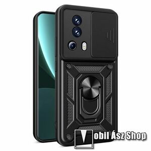 OTT! CAMSHIELD ARMOR műanyag védő tok / hátlap - FEKETE - szilikon betétes, kitámasztható, fém ujjgyűrűvel, eltolható kamera védő fedéllel, tapadófelület mágneses autós tartóhoz - ERŐS VÉDELEM! - Xiaomi 13 Lite / Civi 2 kép