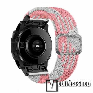 Okosóra szíj - fonott szövet, sztreccses, állítható, légáteresztő, csatos - RÓZSASZÍN / FEHÉR - 210mm hosszú, 26mm széles QUICKFIT - Garmin Fenix 7X / 5X Plus / 5X Plus Sapphire / 6X / 6X Sapphire / 6X Pro / 6X Pro Solar / 6X Pro Sapphire kép
