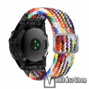 Okosóra szíj - fonott szövet, sztreccses, állítható, légáteresztő, csatos - SZIVÁRVÁNY - 210mm hosszú, 26mm széles QUICKFIT - Garmin Fenix 7X / 5X Plus / 5X Plus Sapphire / 6X / 6X Sapphire / 6X Pro / 6X Pro Solar / 6X Pro Sapphire kép