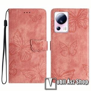 Notesz / mappa tok - GRAVÍROZOTT PILLANGÓ MINTÁS - ROSE GOLD - oldalra nyíló, rejtett mágneses záródás, belső zseb, asztali tartó funkció, szilikon belső - Xiaomi 13 Lite / Civi 2 kép