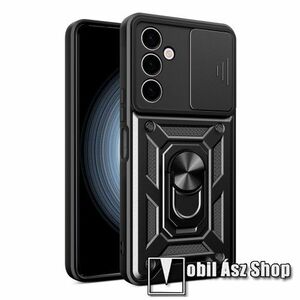 OTT! CAMSHIELD ARMOR műanyag védő tok / hátlap - FEKETE - szilikon betétes, kitámasztható, fém ujjgyűrűvel, eltolható kamera védő fedéllel, tapadófelület mágneses autós tartóhoz - SAMSUNG Galaxy A24 4G (SM-A245F/DS) kép