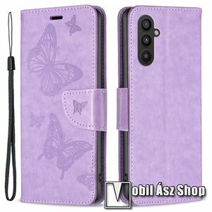 Notesz / mappa tok - LILA - GRAVÍROZOTT LEPKE MINTÁS - oldalra nyíló, rejtett mágneses záródás, belső zseb, asztali tartó funkció, szilikon belső - SAMSUNG Galaxy A24 4G (SM-A245F/DS) kép