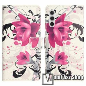 Notesz / mappa tok - LÓTUSZVIRÁG MINTÁS - oldalra nyíló, rejtett mágneses záródás, bankkártyatartó zsebek, asztali tartó funkció, szilikon belső - SAMSUNG Galaxy A24 4G (SM-A245F/DS) kép