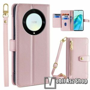 Notesz / mappa tok - RÓZSASZÍN - PU bőr, oldalra nyíló flip cover, asztali tartó, szilikon belső, mágneses záródás, több fakkos, bankkártyatartó, cipzár, csuklópánt, állítható vállpánt - HUAWEI Honor X40 / Honor X9a / Honor Magic5 Lite kép