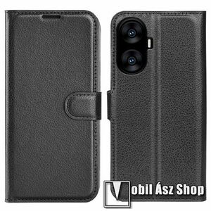 WALLET notesz tok / flip tok - FEKETE - asztali tartó funkciós, oldalra nyíló, rejtett mágneses záródás, bankkártyatartó zseb, szilikon belső - Realme C55 / narzo N55 kép