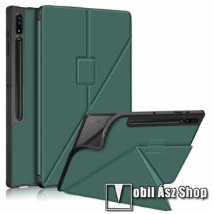 Notesz / mappa tok - SÖTÉTZÖLD - oldalra nyíló flip cover, ON / OFF funkció, Origami asztali tartó, szilikon belső, ceruzatartó, mágneses záródás - SAMSUNG Galaxy Tab S9 Ultra (SM-X910/916) / Tab S8 Ultra (SM-X900/X906) kép