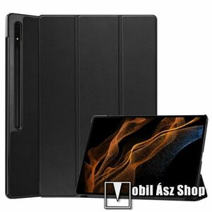 Notesz / mappa tok - FEKETE - oldalra nyíló flip cover, TRIFOLD asztali tartó funkciós, ON / OFF funkció, műanyag belső, mikroszálas szövet belső - SAMSUNG Galaxy Tab S9 Ultra (SM-X910/916) / Tab S8 Ultra (SM-X900/X906) kép