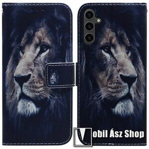 Notesz / mappa tok - OROSZLÁN MINTÁS - oldalra nyíló, rejtett mágneses záródás, bankkártyatartó zsebek, asztali tartó funkció, szilikon belső - SAMSUNG Galaxy A24 4G (SM-A245F/DS) kép