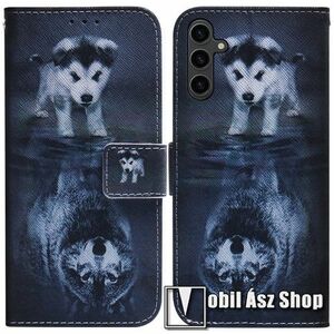 Notesz / mappa tok - FARKAS / KUTYA MINTÁS - oldalra nyíló, rejtett mágneses záródás, bankkártyatartó zsebek, asztali tartó funkció, szilikon belső - SAMSUNG Galaxy A24 4G (SM-A245F/DS) kép
