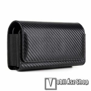 UNIVERZÁLIS fekvő tok - mágneses záródás, övre fűzhető, övcsipesz, gumis, bankkártyatartó zsebek, dupla fakkos egyszerre 2 készülék tartható benne - 172 x 95 x 40mm - FEKETE KARBON MINTÁS kép