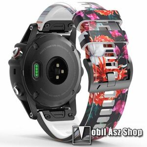Okosóra szíj - szilikon - PIROS / RÓZSASZÍN VIRÁG MINTÁS - 125mm+92mm hosszú, 22mm széles QUICKFIT csatlakozó - Garmin Fenix 7 / 5 / 5 Plus / 5 Plus Sapphire / 6 / 6 Pro / 6 Sapphire / Instinct / Forerunner 935 / 745 / 945 / Quatix 3 kép