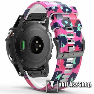 Okosóra szíj - szilikon - KÉK / RÓZSASZÍN / ZÖLD FOLT MINTÁS - 125mm+92mm hosszú, 26mm széles QUICKFIT csatlakozó - Garmin Fenix 7X / 5X Plus / 5X Plus Sapphire / 6X / 6X Sapphire / 6X Pro / 6X Pro Solar / 6X Pro Sapphire / Quatix 3 kép