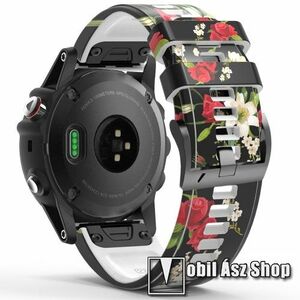 Okosóra szíj - szilikon - PIROS / FEHÉR VIRÁG MINTÁS - 125mm+92mm hosszú, 26mm széles QUICKFIT csatlakozó - Garmin Fenix 7X / 5X Plus / 5X Plus Sapphire / 6X / 6X Sapphire / 6X Pro / 6X Pro Solar / 6X Pro Sapphire / Quatix 3 kép