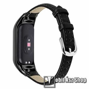 Valódi bőr okosóra szíj - FEKETE - fém keret, bumper, 115mm + 80mm hosszú - Xiaomi Smart Band 8 kép