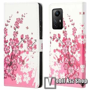 Notesz / mappa tok - VIRÁGZÓ FA MINTÁS - oldalra nyíló, rejtett mágneses záródás, bankkártyatartó zsebek, asztali tartó funkció, szilikon belső - Xiaomi Redmi Note 12S 4G kép