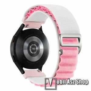 Okosóra Alpesi szíj - egybe­szőtt szövet­, Z kapocs, légáteresztő, állítható - FEHÉR / RÓZSASZÍN - 210mm hosszú, 20mm széles - SAMSUNG Galaxy Watch4 / Watch5 / Active2 / Amazfit GTS 4 / HUAWEI Watch GT 3 42mm / Venu Sq2 40mm kép