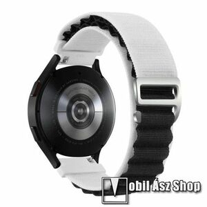 Okosóra Alpesi szíj - egybe­szőtt szövet­, Z kapocs, légáteresztő, állítható - FEHÉR / FEKETE - 210mm hosszú, 20mm széles - SAMSUNG Galaxy Watch4 / Watch5 / Active2 / Amazfit GTS 4 / HUAWEI Watch GT 3 42mm / Venu Sq2 40mm kép