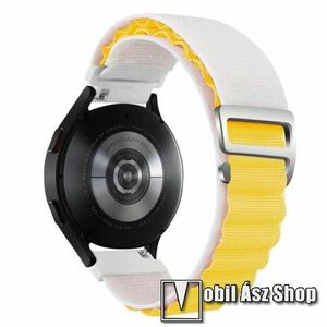 Okosóra Alpesi szíj - egybe­szőtt szövet­, Z kapocs, légáteresztő, állítható - FEHÉR / CITROMSÁRGA - 210mm hosszú, 20mm széles - SAMSUNG Galaxy Watch4 / Watch5 / Active2 / Amazfit GTS 4 / HUAWEI Watch GT 3 42mm / Venu Sq2 40mm kép