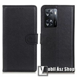 WALLET notesz tok / flip tok - FEKETE - asztali tartó funkciós, oldalra nyíló, rejtett mágneses záródás, bankkártyatartó zseb, szilikon belső - Oppo A57 4G / A57 5G / Realme V23 / Realme V23i / Q5i / Narzo 50 5G / Nord N20 SE / Nord N300 kép