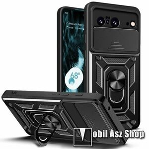 OTT! CAMSHIELD ARMOR műanyag védő tok / hátlap - FEKETE - szilikon betétes, kitámasztható, fém ujjgyűrűvel, eltolható kamera védő fedéllel, tapadófelület mágneses autós tartóhoz - ERŐS VÉDELEM! - Google Pixel 8 kép