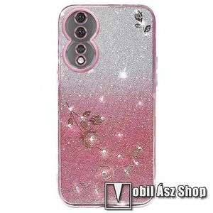 Szilikon védő tok / hátlap - csillogó csillámporos hátlap, strasszkővel díszített - ROSE GOLD - VIRÁG MINTÁS - HUAWEI Honor 90 kép