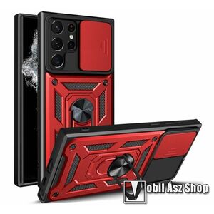 OTT! CAMSHIELD ARMOR műanyag védő tok / hátlap - PIROS - szilikon betétes, kitámasztható, fém ujjgyűrűvel, eltolható kamera védő fedéllel, tapadófelület mágneses autós tartóhoz - ERŐS VÉDELEM! - SAMSUNG Galaxy S23 Ultra (SM-S918) kép
