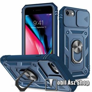 OTT! CAMSHIELD ARMOR műanyag védő tok / hátlap - SÖTÉTKÉK - szilikon betétes, kitámasztható, fém ujjgyűrűvel, eltolható kamera védő fedéllel, tapadófelület mágneses autós tartóhoz - ERŐS VÉDELEM! - APPLE iPhone SE (2022) / SE (2020) / iPhone 6 / 7 / 8 kép