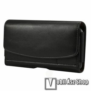 UNIVERZÁLIS fekvő tok - PU bőr, övre fűzhető, övcsipesz, gumis, bankkártyatartó zseb - 170 x 85 x 18mm - FEKETE kép