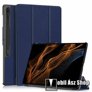 Notesz / mappa tok - SÖTÉTKÉK - oldalra nyíló flip cover, TRIFOLD asztali tartó funkciós, erősített sarkok, mágneses záródás, műanyag belső - SAMSUNG Galaxy Tab S9 Ultra (SM-X910/916) / Tab S8 Ultra (SM-X900/X906) kép