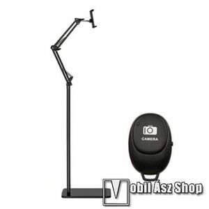 Univerzális telefon / tablet tartó állvány - 155cm magas, állítható, dönthető, 360°-ban forgatható, Bluetooth távirányítóval, ABS + fém, rúgós karok, csúszásgátló, 55-90mmig nyíló bölcső - FEKETE kép