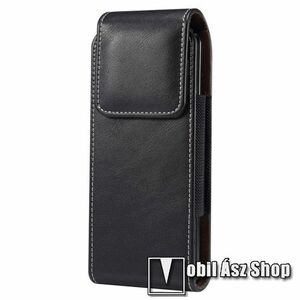 UNIVERZÁLIS álló tok - FEKETE - övre fűzhető / karabiner, gumis, PU bőr, bársony belső, rejtett mágneses záródás - 170 x 78 x 25 mm kép