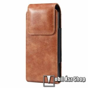 UNIVERZÁLIS álló tok - BARNA - övre fűzhető / karabiner, gumis, PU bőr, bársony belső, rejtett mágneses záródás - 170 x 78 x 25 mm kép