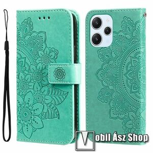 Notesz / mappa tok - GRAVÍROZOTT MANDALA MINTÁS - ZÖLD - oldalra nyíló, rejtett mágneses záródás, bankkártyatartó zseb, asztali tartó funkció, szilikon belső - Xiaomi Redmi 12 4G / Redmi Note 12R / Redmi 12 5G / Poco M6 Pro 5G kép