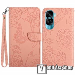 Notesz / mappa tok - GRAVÍROZOTT PILLANGÓ / VIRÁG MINTÁS - RÓZSASZÍN - oldalra nyíló, rejtett mágneses záródás, belső zseb, asztali tartó funkció, szilikon belső - HUAWEI Honor X50i / Honor 90 Lite kép