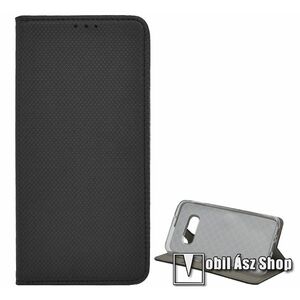 Notesz tok / flip tok - FEKETE - rombusz mintás, rejtett mágneses záródás, asztali tartó funkciós, oldalra nyíló, bankkártya tartó zseb, szilikon belső - SAMSUNG Galaxy S10e (SM-G970F/W) kép