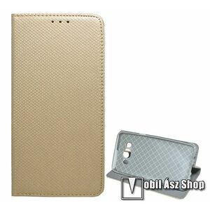 Notesz tok / flip tok - ARANY - rombusz mintás, rejtett mágneses záródás, asztali tartó funkciós, oldalra nyíló, bankkártya tartó zseb, szilikon belső - SAMSUNG Galaxy J5 (2016) (SM-J510FN) kép