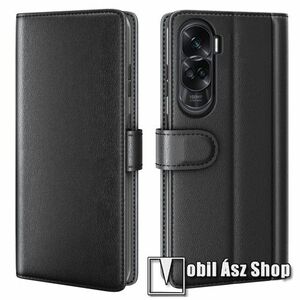 Notesz tok / flip tok - FEKETE - valódi bőr, asztali tartó funkciós, oldalra nyíló, rejtett mágneses záródás, bankkártyatartó zseb, szilikon belső - HUAWEI Honor X50i / Honor 90 Lite kép