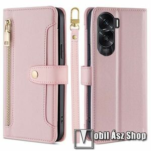 Notesz / mappa tok - RÓZSASZÍN - PU bőr, oldalra nyíló flip cover, asztali tartó, szilikon belső, mágneses záródás, több fakkos, bankkártyatartó, cipzár, csuklópánt, állítható vállpánt - HUAWEI Honor X50i / Honor 90 Lite kép