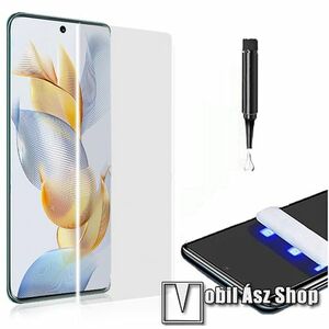 Full Glue UV Liquid előlap védő karcálló edzett üveg - 0.3mm, 9H, UV lámpával, ujjlenyomatolvasó támogatás - ÁTLÁTSZÓ - A TELJES KIJELZŐT VÉDI! - HUAWEI Honor 90 kép