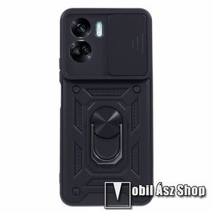 OTT! CAMSHIELD ARMOR műanyag védő tok / hátlap - FEKETE - szilikon betétes, kitámasztható, fém ujjgyűrűvel, eltolható kamera védő fedéllel, tapadófelület mágneses autós tartóhoz - ERŐS VÉDELEM! - HUAWEI Honor X50i / Honor 90 Lite kép