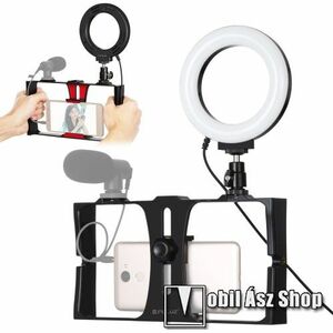 PULUZ UNIVERZÁLIS U-Rig telefon tartó fotózáshoz körfénnyel - 3 extra 1/4"-es csatlakozó, 42-110mm-ig nyíló bölcsővel, állítható fényerő és színhőmérséklet, USB tápellátás, 6500K-3200K - FEKETE - PKT3026 - GYÁRI kép