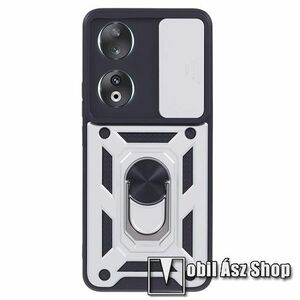 OTT! CAMSHIELD ARMOR műanyag védő tok / hátlap - EZÜST - szilikon betétes, kitámasztható, fém ujjgyűrűvel, eltolható kamera védő fedéllel, tapadófelület mágneses autós tartóhoz - ERŐS VÉDELEM! - HUAWEI Honor 90 kép