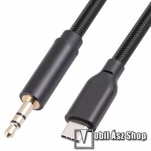 UNIVERZÁLIS audió kábel - 3, 5mm / Type-C csatlakozó, 2 pólusú jack csatlakozó, aranyozott csatlakozó, DAC chip, 16bit/48kHz, 1m hosszú szövettel bevont kábel - FEKETE kép