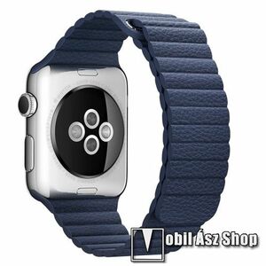 Okosóra mágneses loop szíj - SÖTÉTKÉK - valódi bőr, 180mm + 50mm hosszú - Apple Watch Series 1/2/3 38mm / 4/5/6/SE 40mm / 7/8/9 41mm / 10 42mm kép