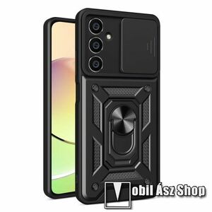 OTT! CAMSHIELD ARMOR műanyag védő tok / hátlap - FEKETE - szilikon betétes, kitámasztható, fém ujjgyűrűvel, eltolható kamera védő fedéllel, tapadófelület mágneses autós tartóhoz - ERŐS VÉDELEM! - SAMSUNG Galaxy S23 FE (SM-S711) kép