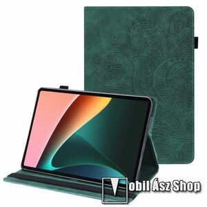 Notesz tok / mappa tok - GRAVÍROZOTT VIRÁG MINTÁS - ZÖLD - asztali tartó funkciós, oldalra nyíló, bankkártyatartó zsebekkel, ceruzatartó, gumis záródás, szilikon belső - Realme Pad kép