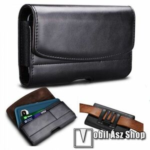 UNIVERZÁLIS fekvő tok - PU bőr, mágneses záródás, övre fűzhető, övcsipesz, gumis, bankkártyatartó zsebek - 145 x 80 x 30mm - FEKETE kép